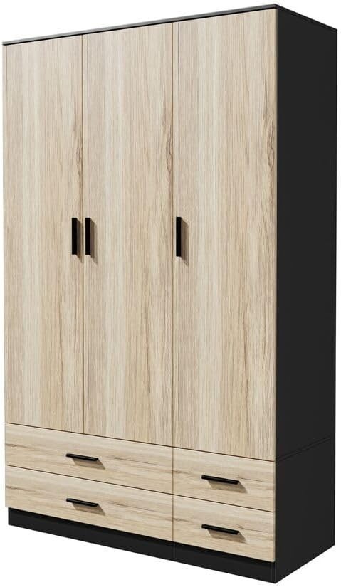 3 Door 4 Drawer Wardrobe Hanging Rail Bedroom Storage Black & Oak Organizer