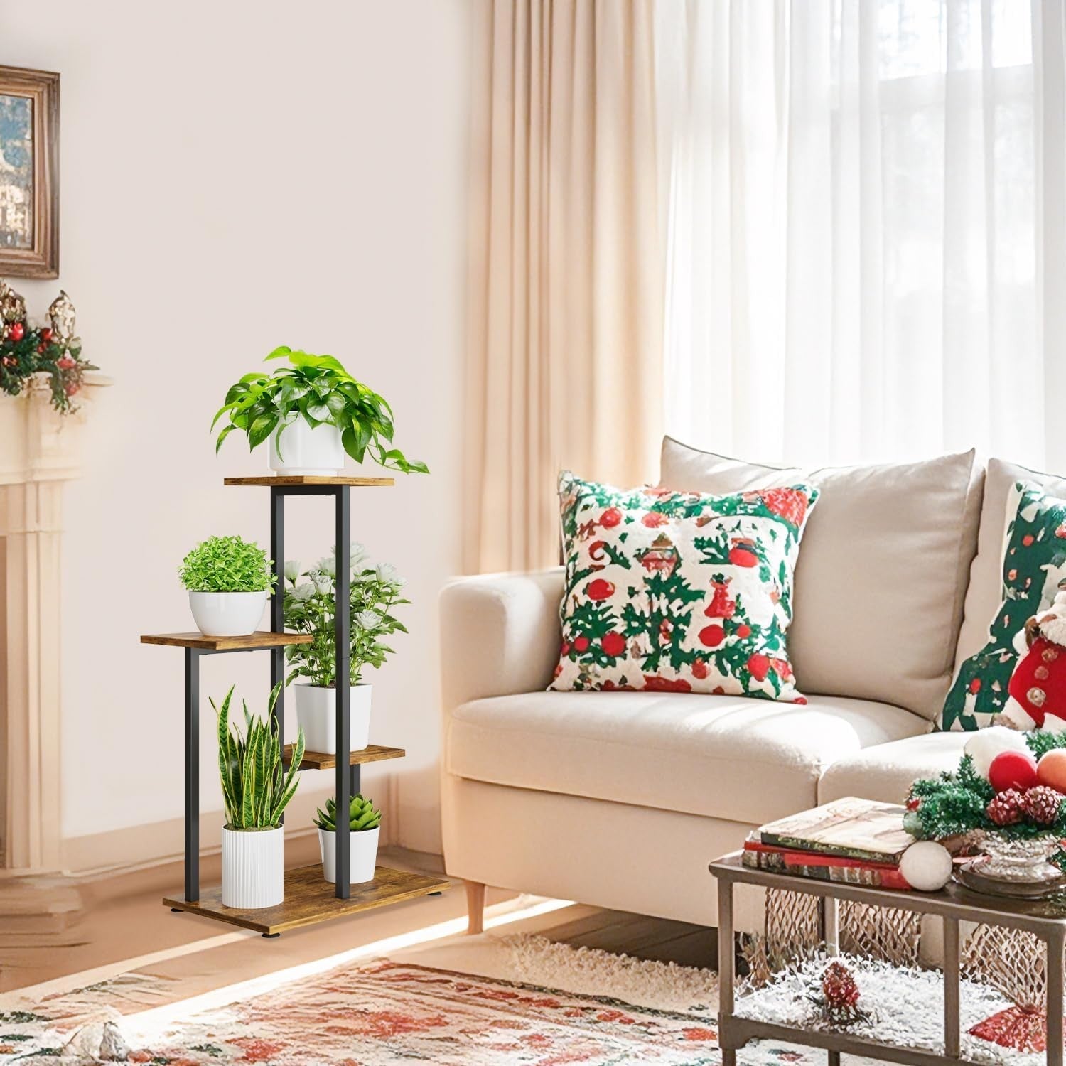 4 Tier Metal & Wood Plant Stand | Tall Corner Indoor Display Shelf for Multiple