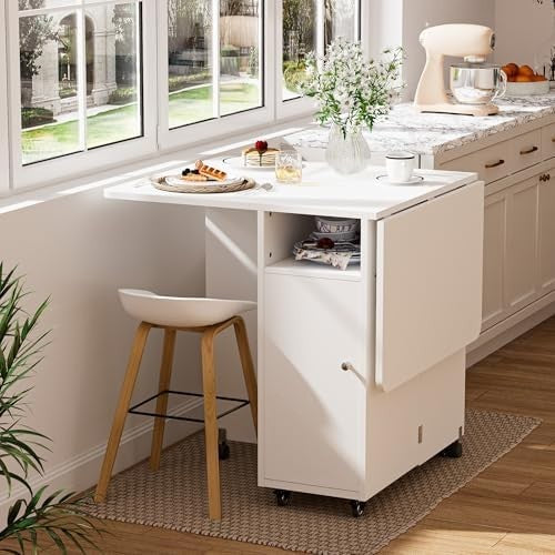 White Folding Drop Leaf Dining Table with Storage Drawer Shelves Space Saving