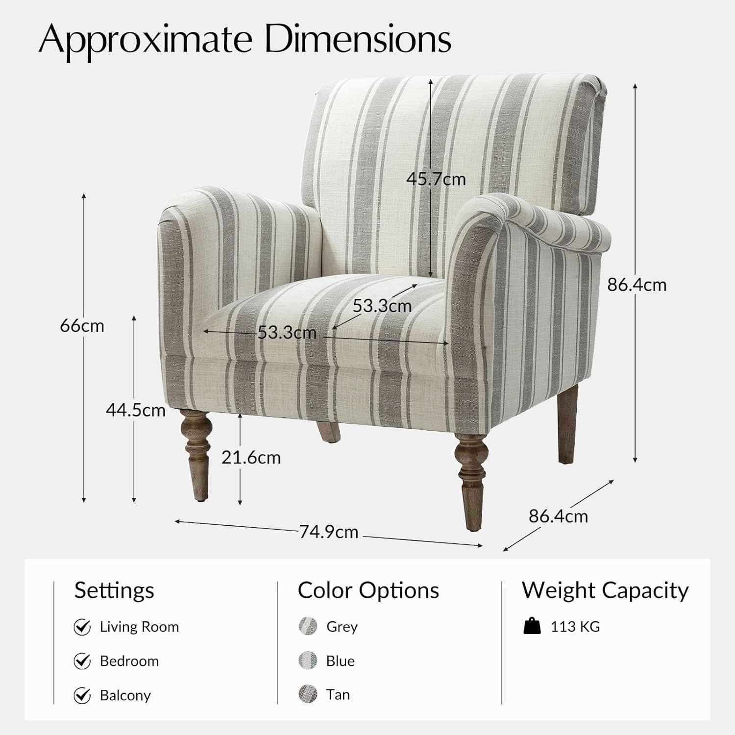 Set of 2 Upholstered Accent Armchairs Wood Legs Striped Chairs for Lounge