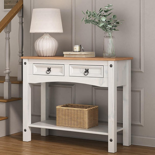 White Pine Console Table with 2 Drawers, Storage & Writing Desk, 90x35x73cm