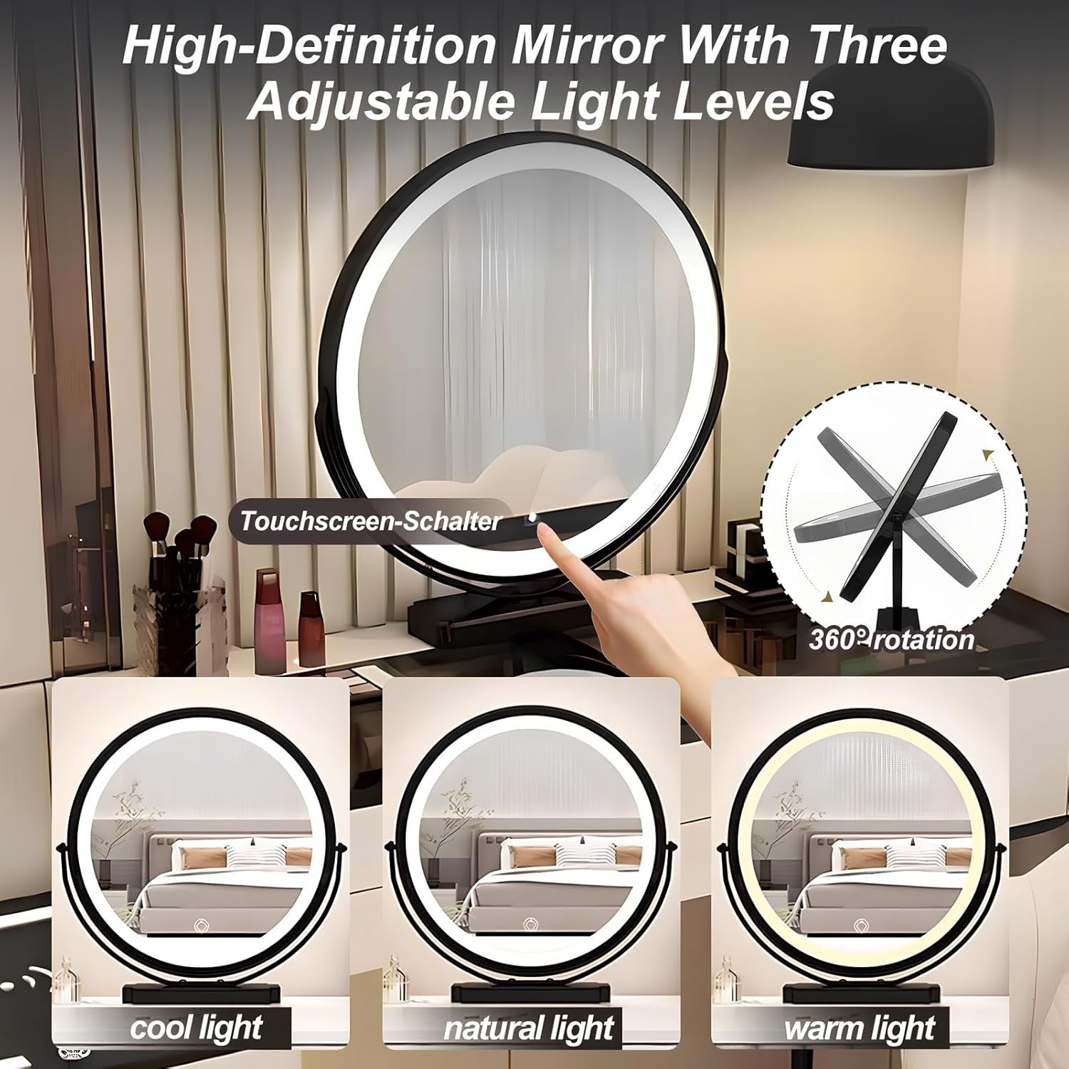Modern Vanity Makeup Dressing Table w/ Mirror Light Charger Audio White-Black