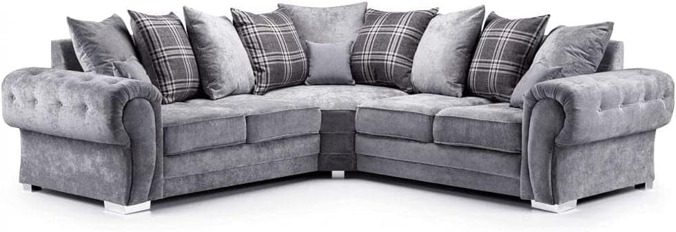 Dark Grey Suede Corner Sofa 5 Seater L-Shape Couch w/ Cushions 220x220cm