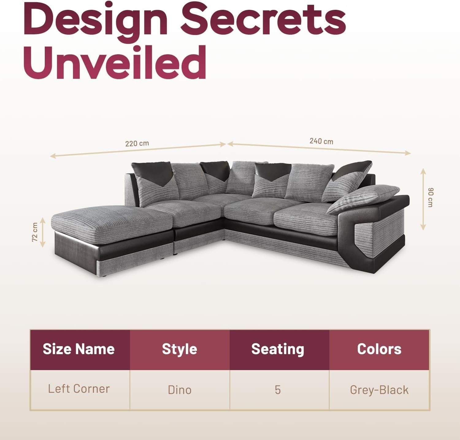 5-Seater Left Hand L-Shape Corner Sofa Fire Resistant Leather Fabric Comfort