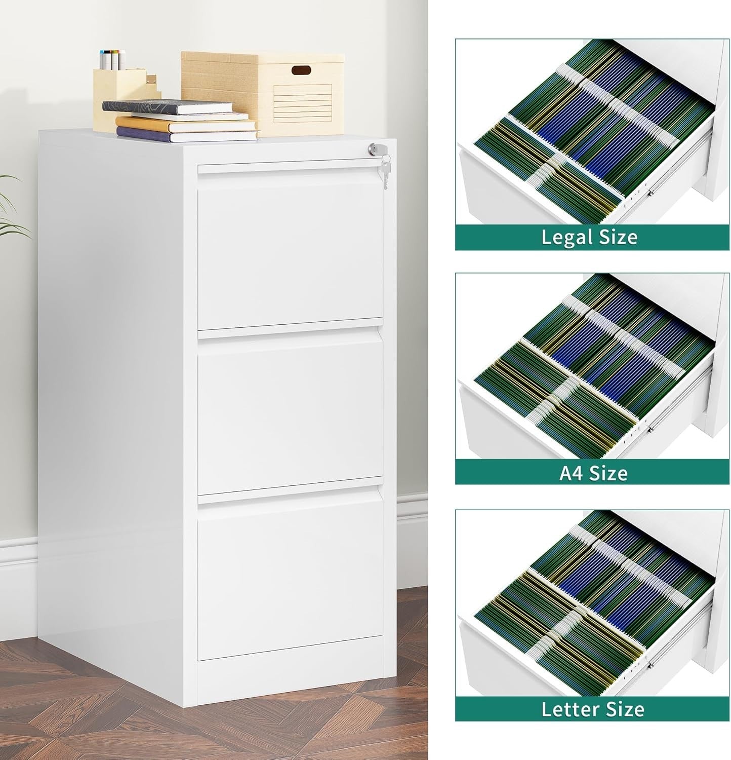 White 3 Drawer Lockable File Cabinet 62x45x102cm Rolling Steel