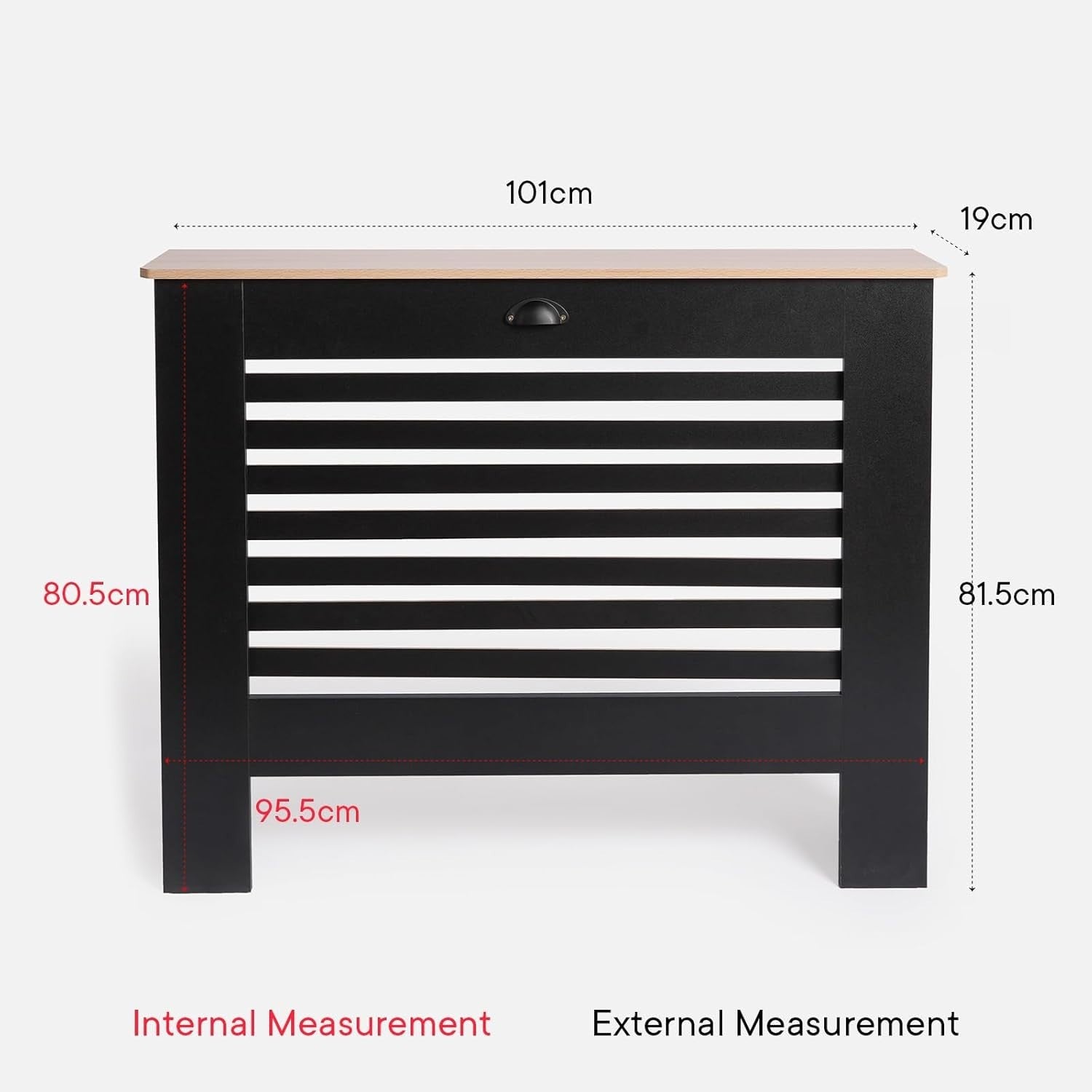 Modern Black Radiator Cover Shelf | Natural Oak Top Heating Cabinet