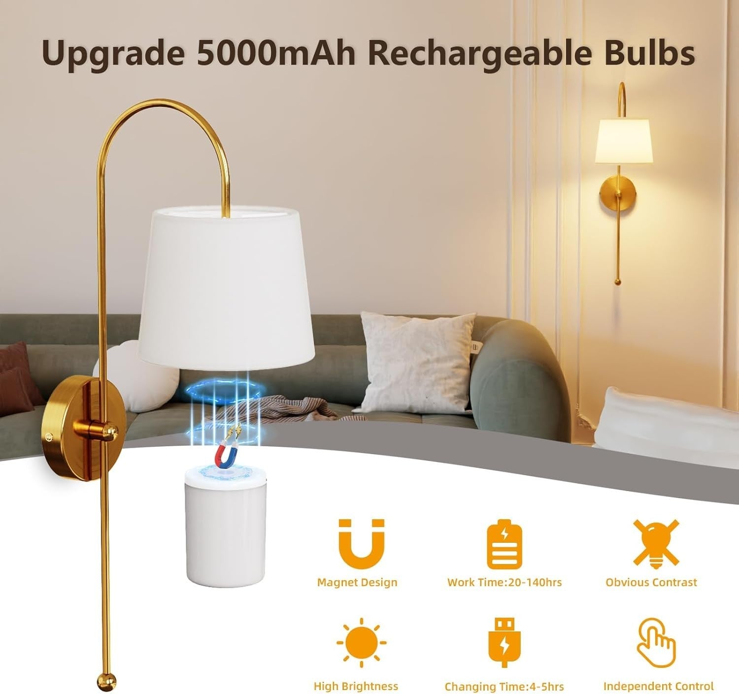 Wireless Wall Sconces Rechargeable LED Remote Gold Light 18 Colors Dimmable