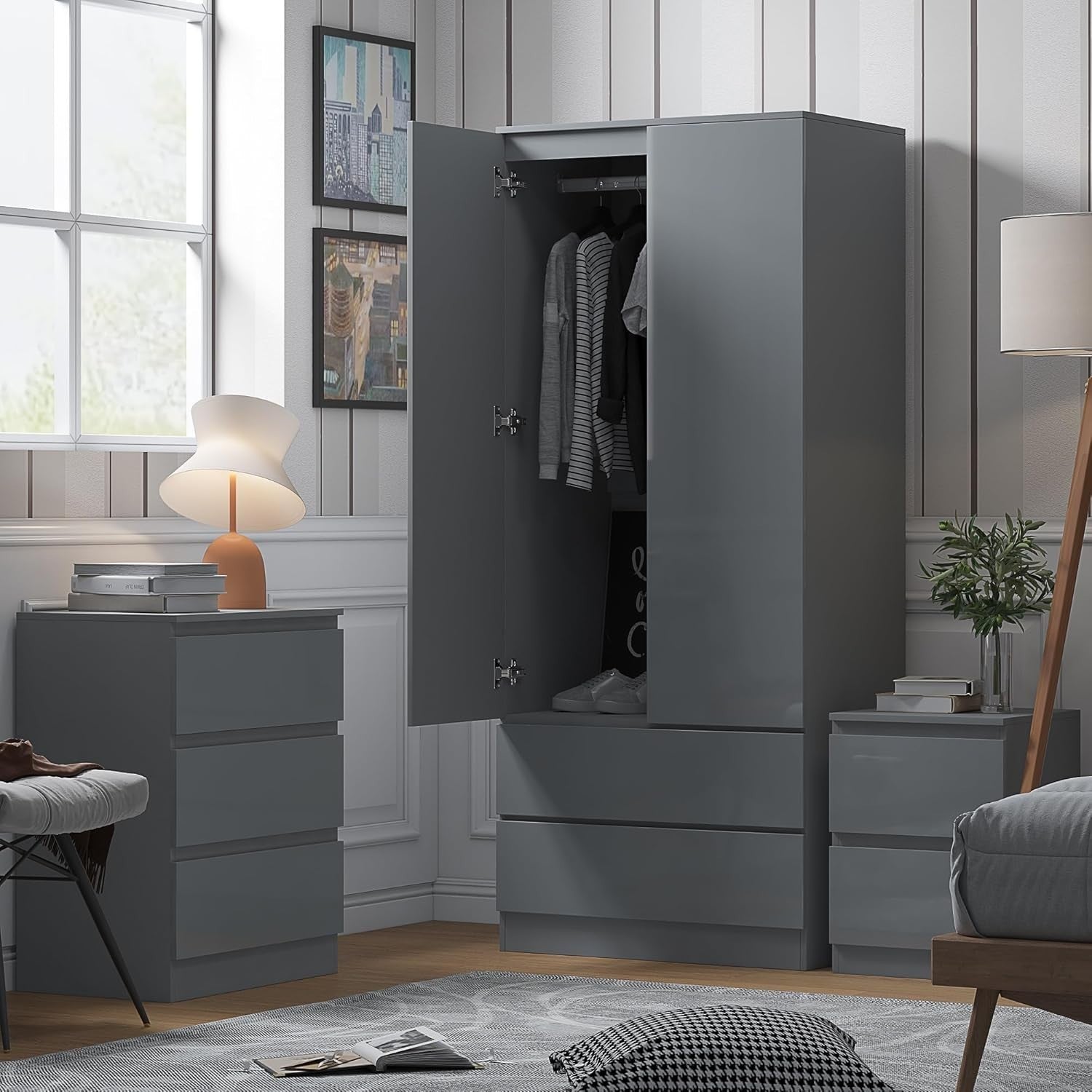 Large 2 Door Wardrobe with 2 Drawers | Scratch-Resistant Grey Matte Finish