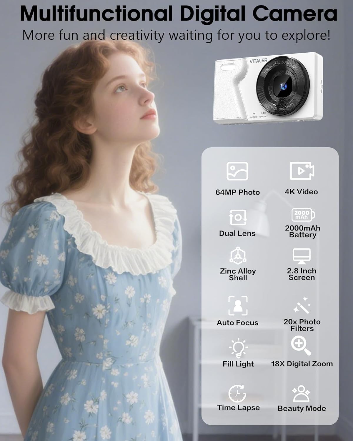 4K 64MP Digital Camera Dual Lens 18X Zoom Compact White Camera
