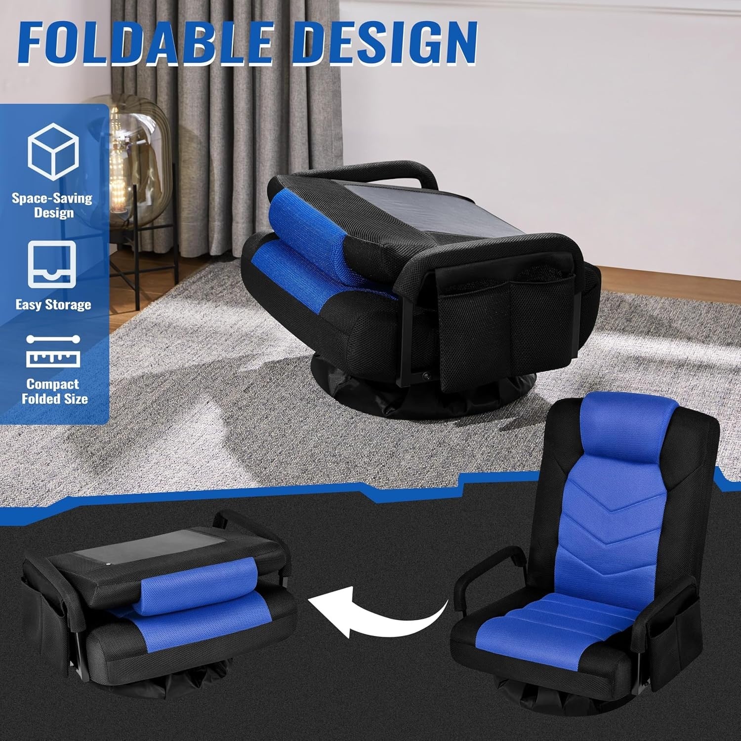 360° Swivel Gaming Floor Chair Recliner 6 Position Sofa Blue