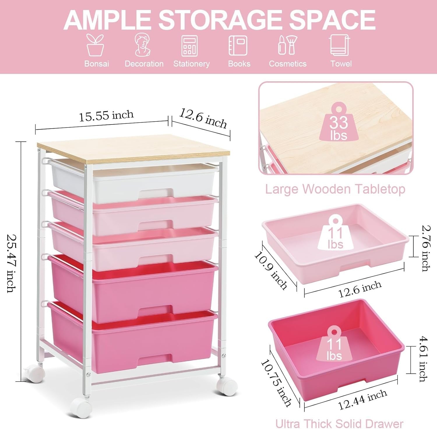 5 Drawer Rolling Storage Cart Pink Utility Organizer Trolley Wheels