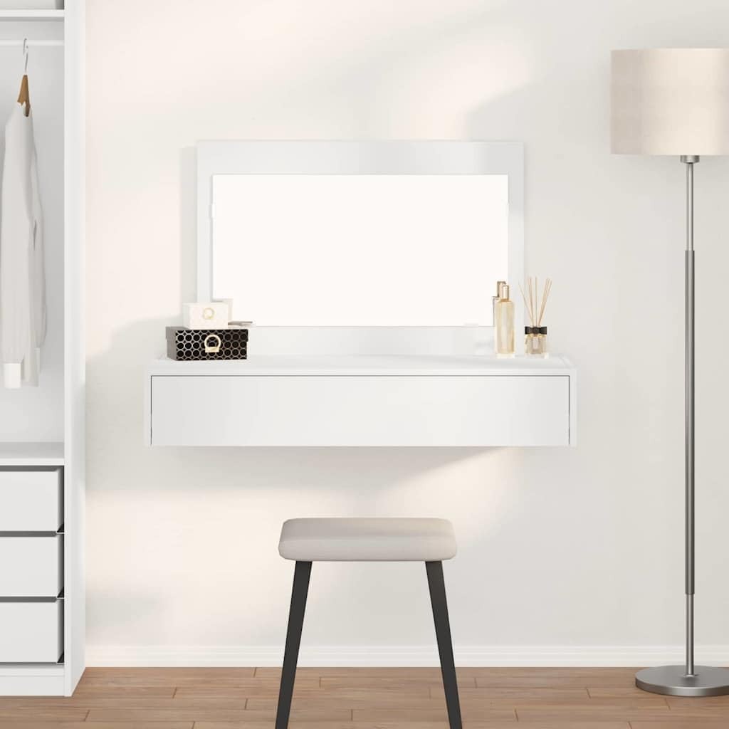 White Modern Dressing Table Makeup Vanity Desk w/ Mirror Compact MDF Wood