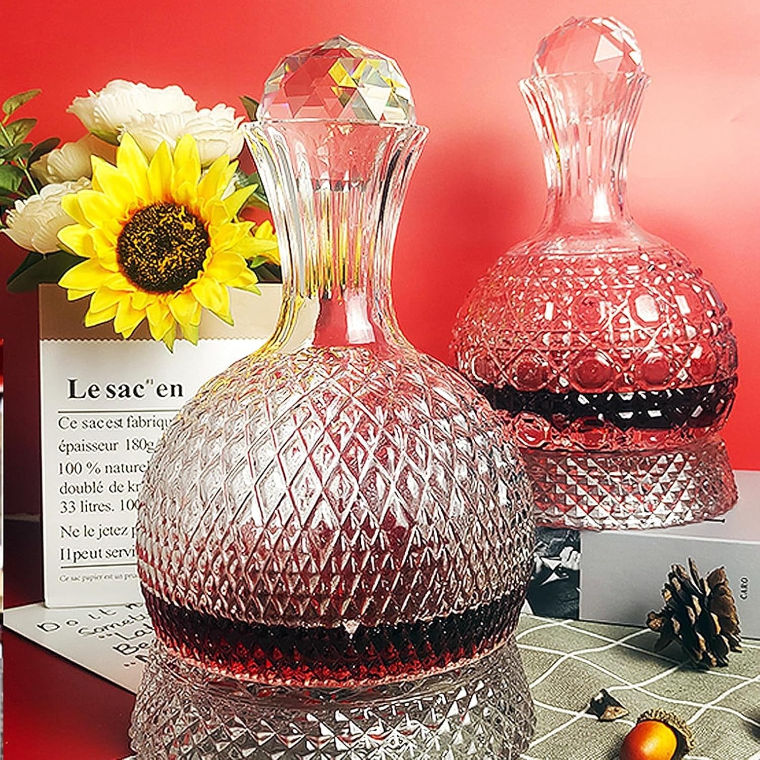Luxury 1.5L Crystal Wine Decanter – 360° Rotating Aerator Relief Cut Design