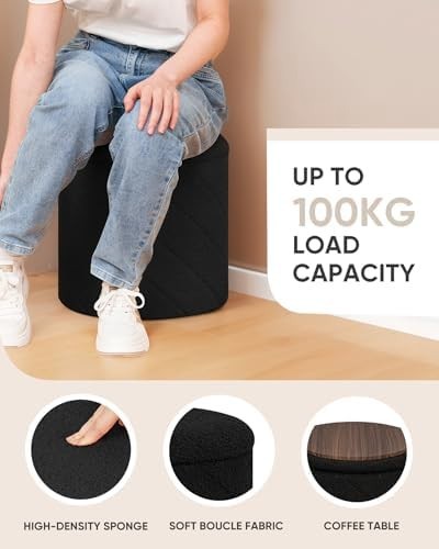 Black Round Storage Ottoman Footstool 3-in-1 Seat with Lid 33x33x35cm