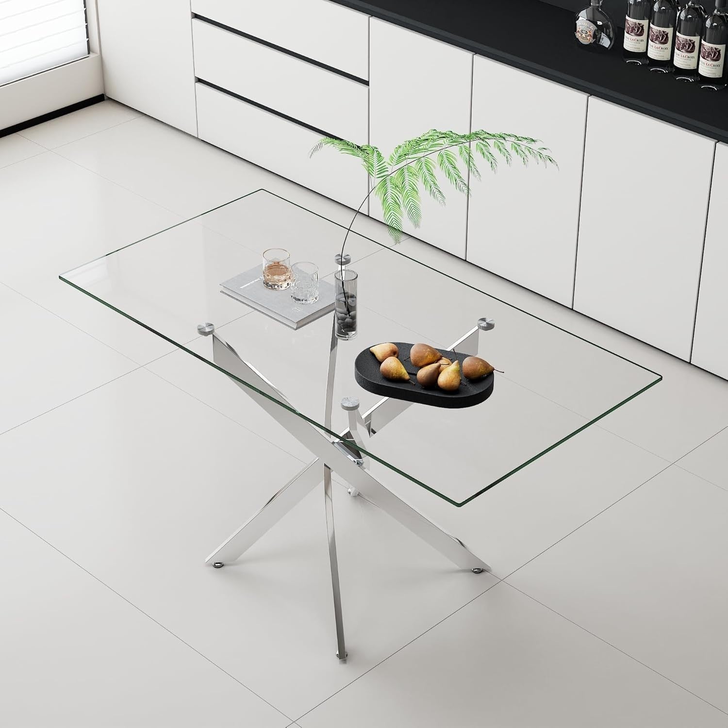 Rectangular Tempered Glass Dining Table Set with 4 Ergonomic PVC Chairs