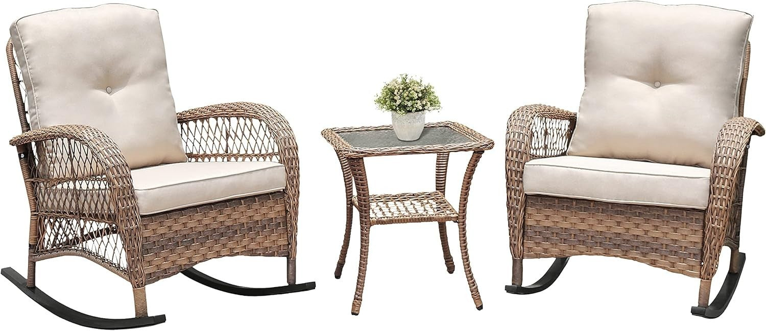 Outdoor 3-Piece Rattan Rocking Chair Set with Tempered Glass Coffee Table