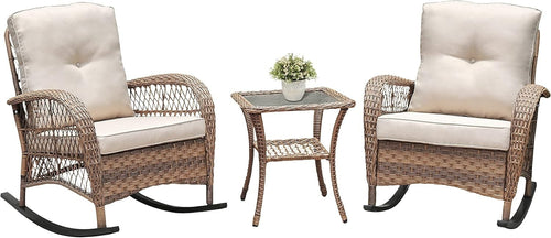 Outdoor 3-Piece Rattan Rocking Chair Set with Tempered Glass Coffee Table