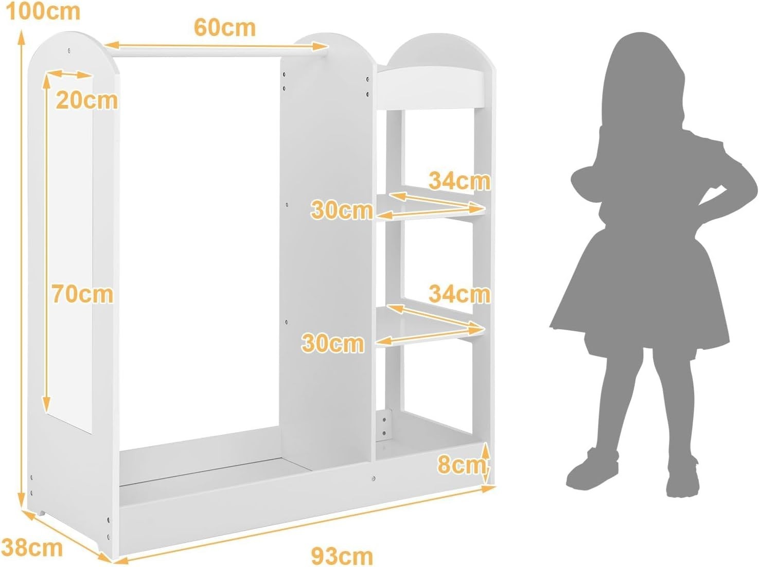 Kids Wooden Wardrobe Dress Up Storage with Mirror Clothes Rail Shelves White