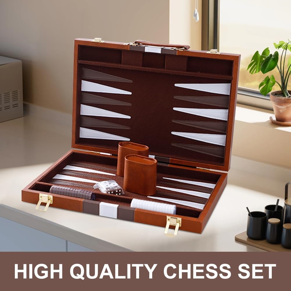 11 Inch Backgammon Set Leather Case Portable Travel Board Game Dice Cups