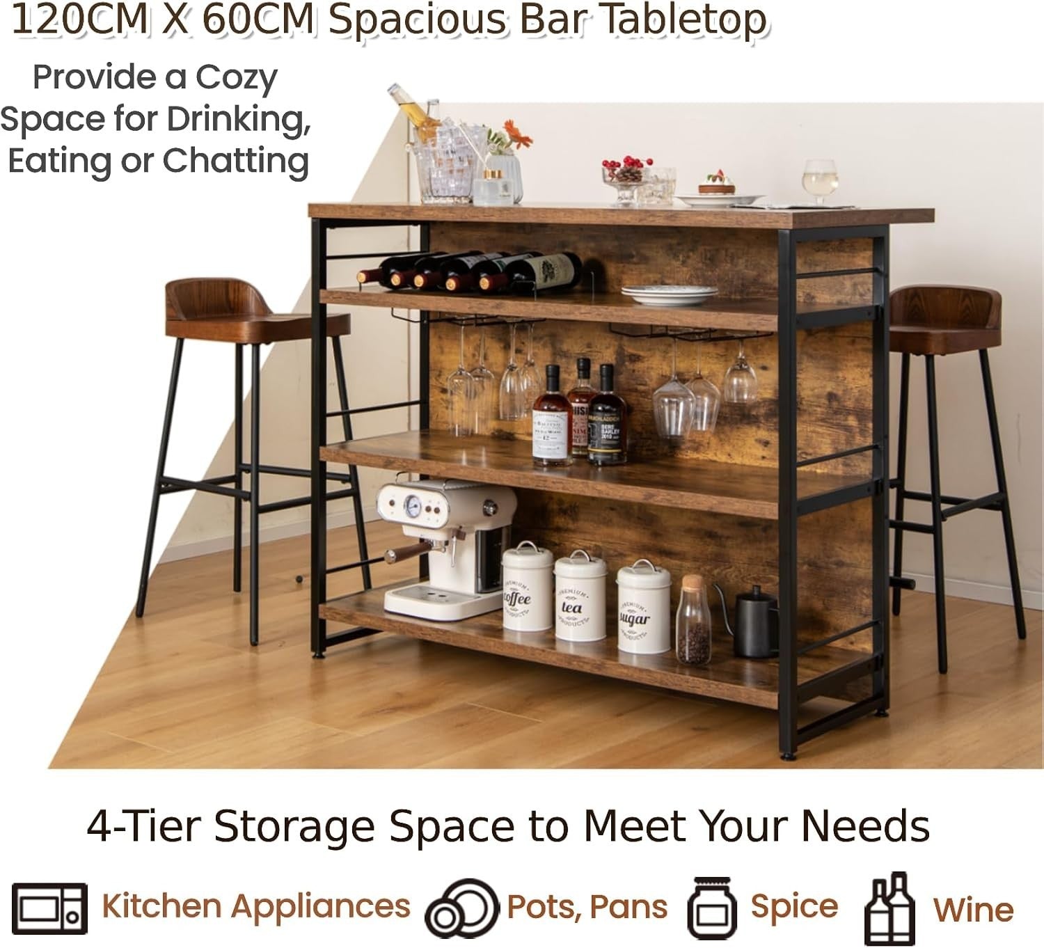Industrial Kitchen Island Bar Table with Wine Rack Rustic Brown 120x60cm