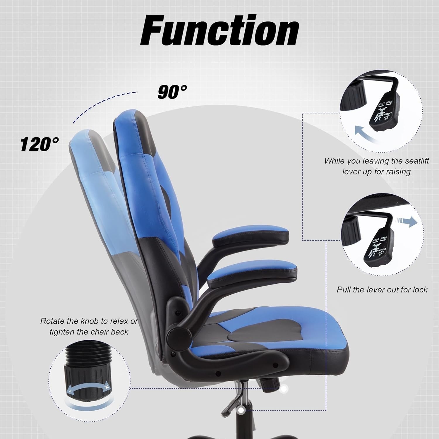 Ergonomic Blue Racing Gaming Chair Leather Office PC Desk Seat Adjustable
