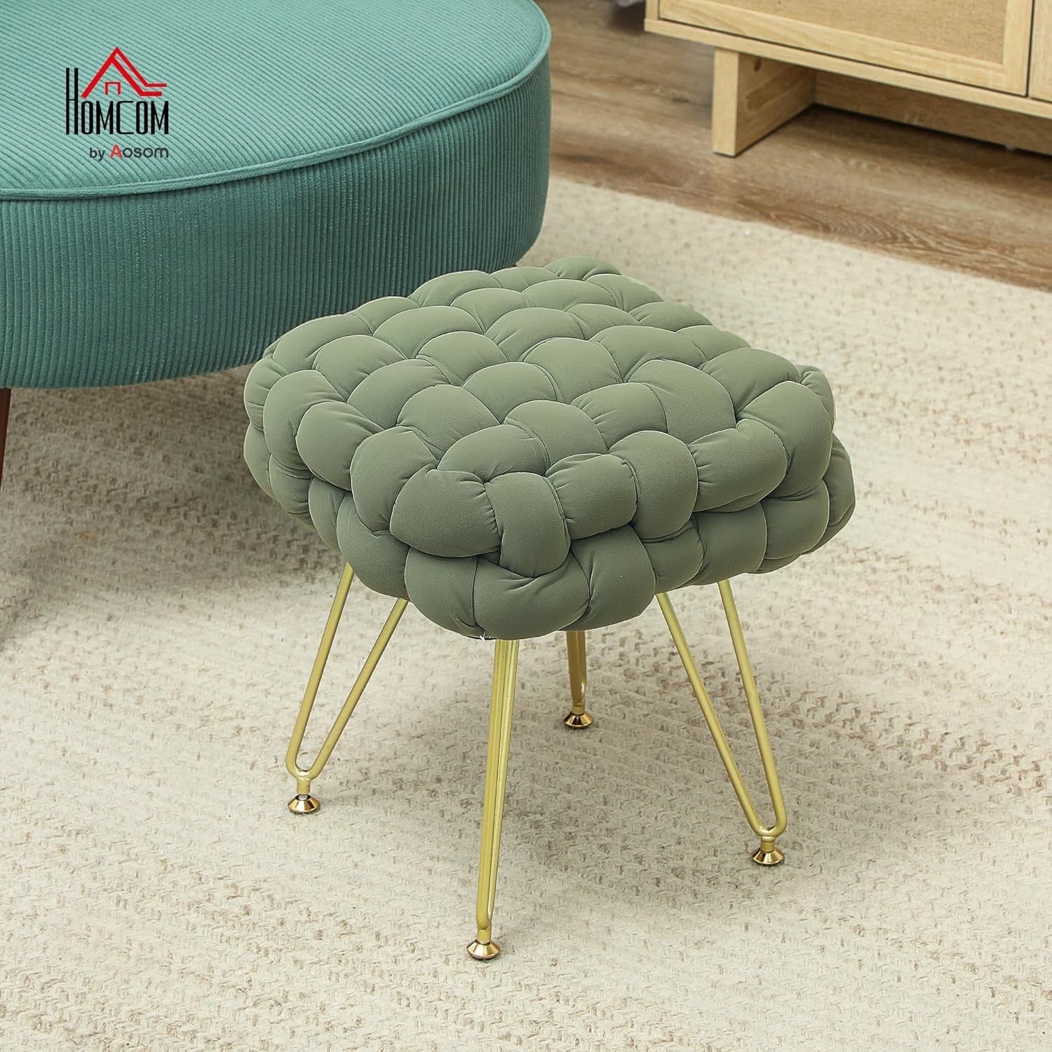 Dark Green Square Footstool Woven Velvet Ottoman Metal Leg Vanity Seat