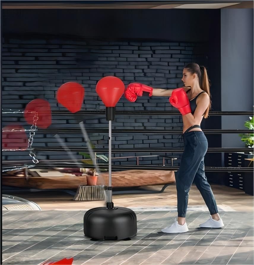 Freestanding Reflex Boxing Bag Adjustable Height Suction Base Gloves