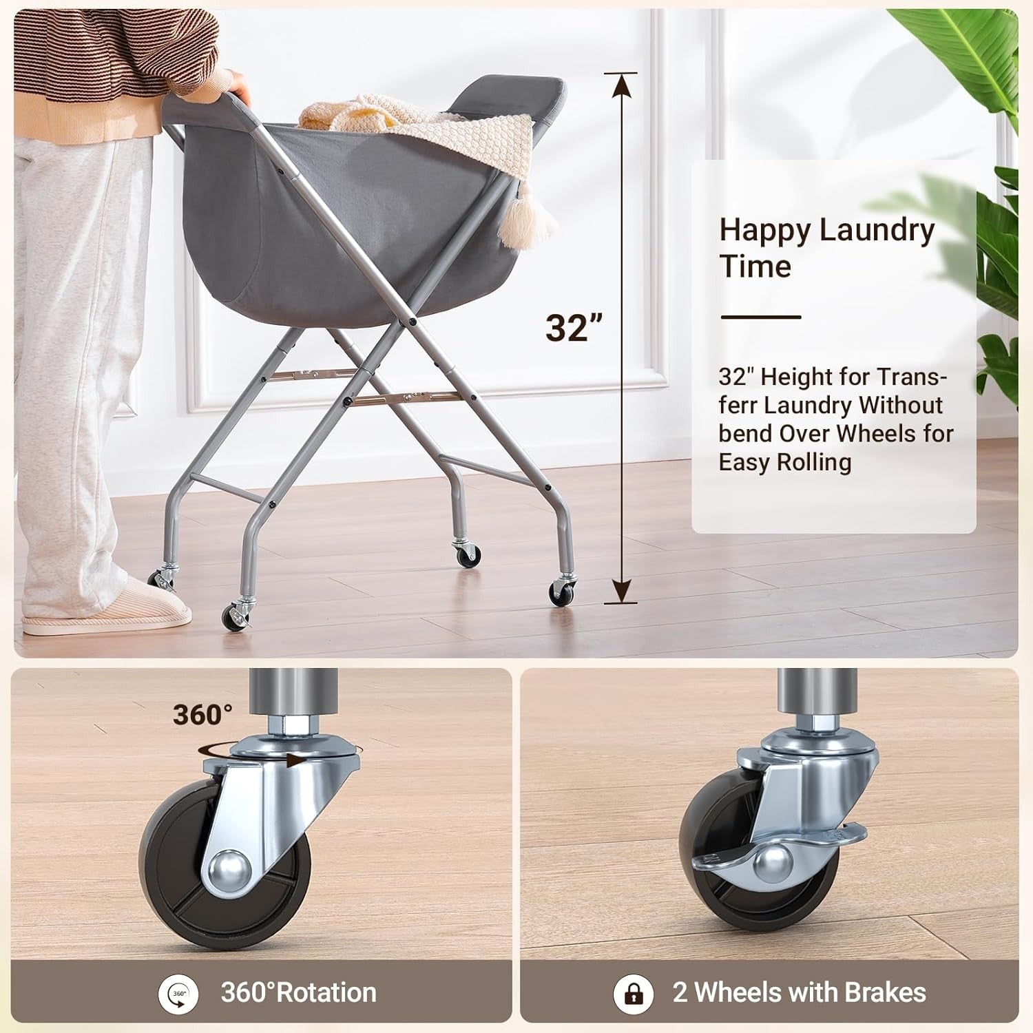 Rolling Laundry Cart with Wheels Large 32 Hamper Removable Liner Bag Metal Frame