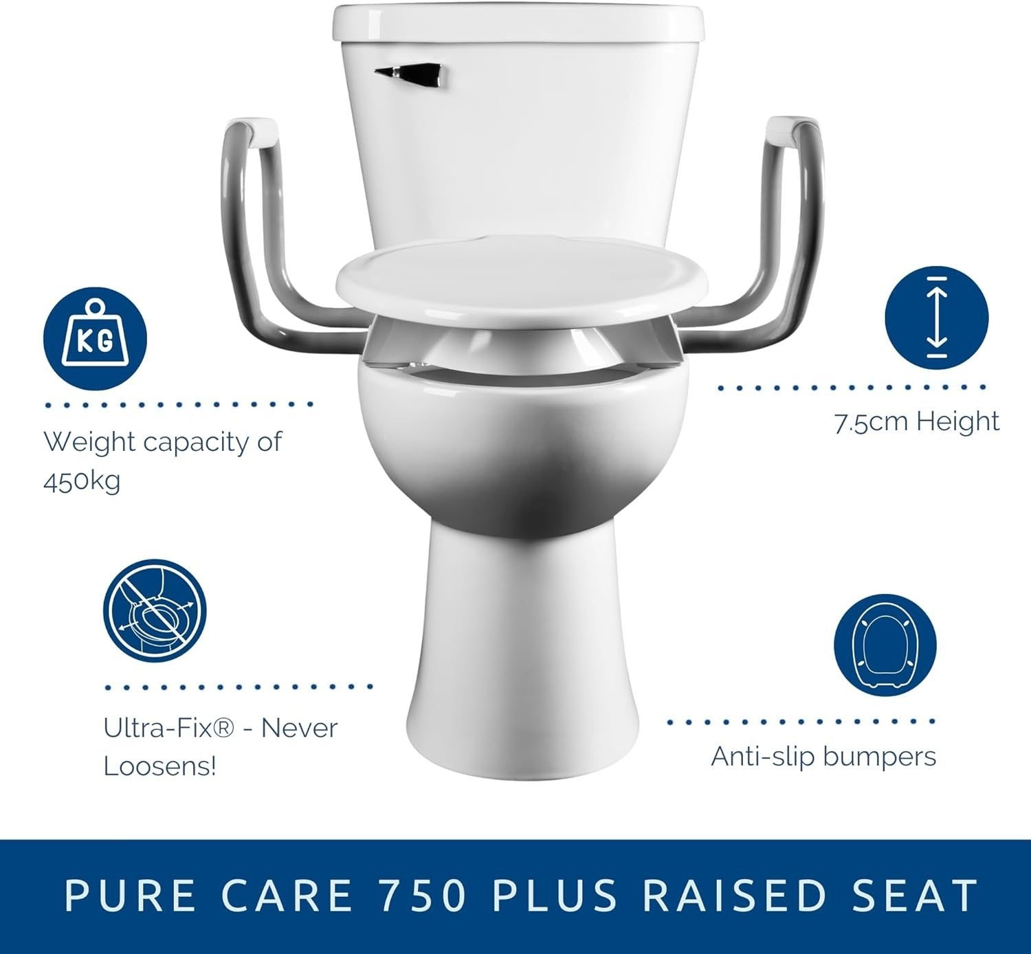 Raised Toilet Seat 7.5cm with Handles Support Arms Anti-Slip Plastic