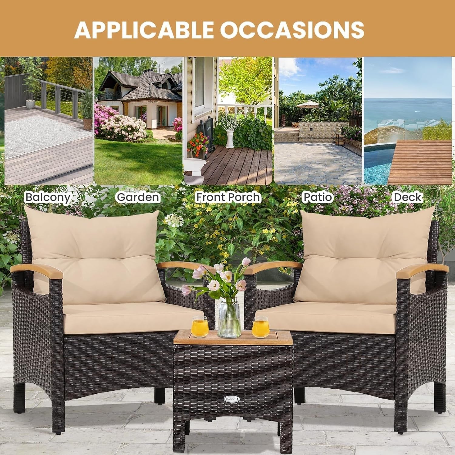 Rattan Garden Conversation Set Cushioned Armchairs Acacia Top Coffee Table