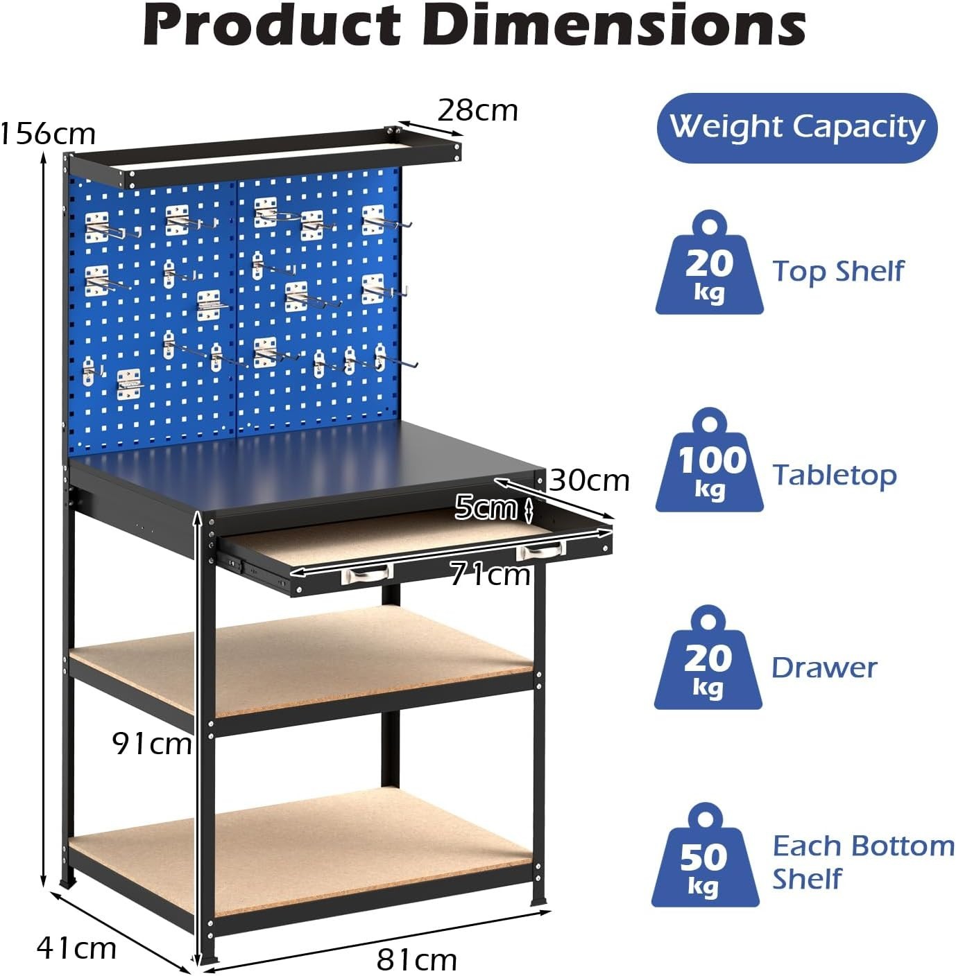 Navy Heavy Duty Garage Workbench Pegboards Drawer Shelves 290kg Tool Station
