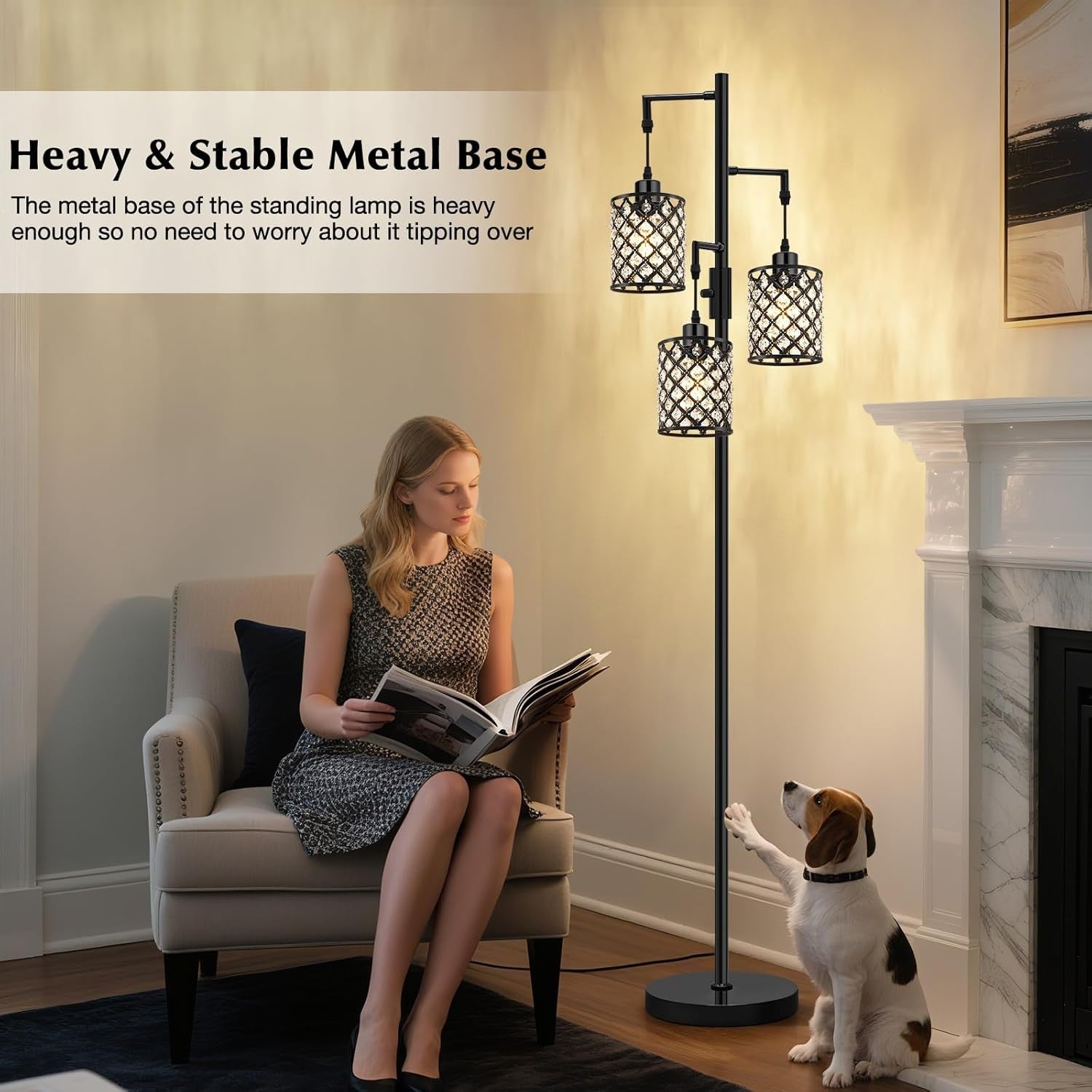 Black Crystal Floor Lamp 3 Light Standing Tall Modern Living Room Light