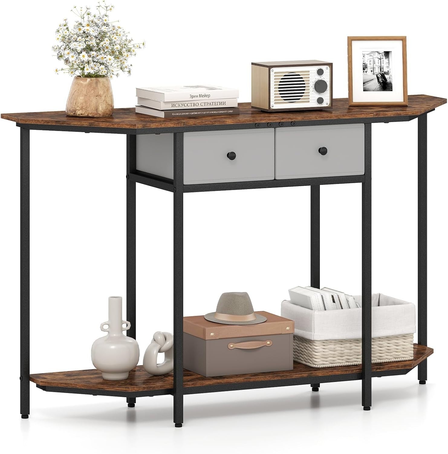 Industrial Console Table 130cm with 2 Drawers & Storage Shelf, Sturdy