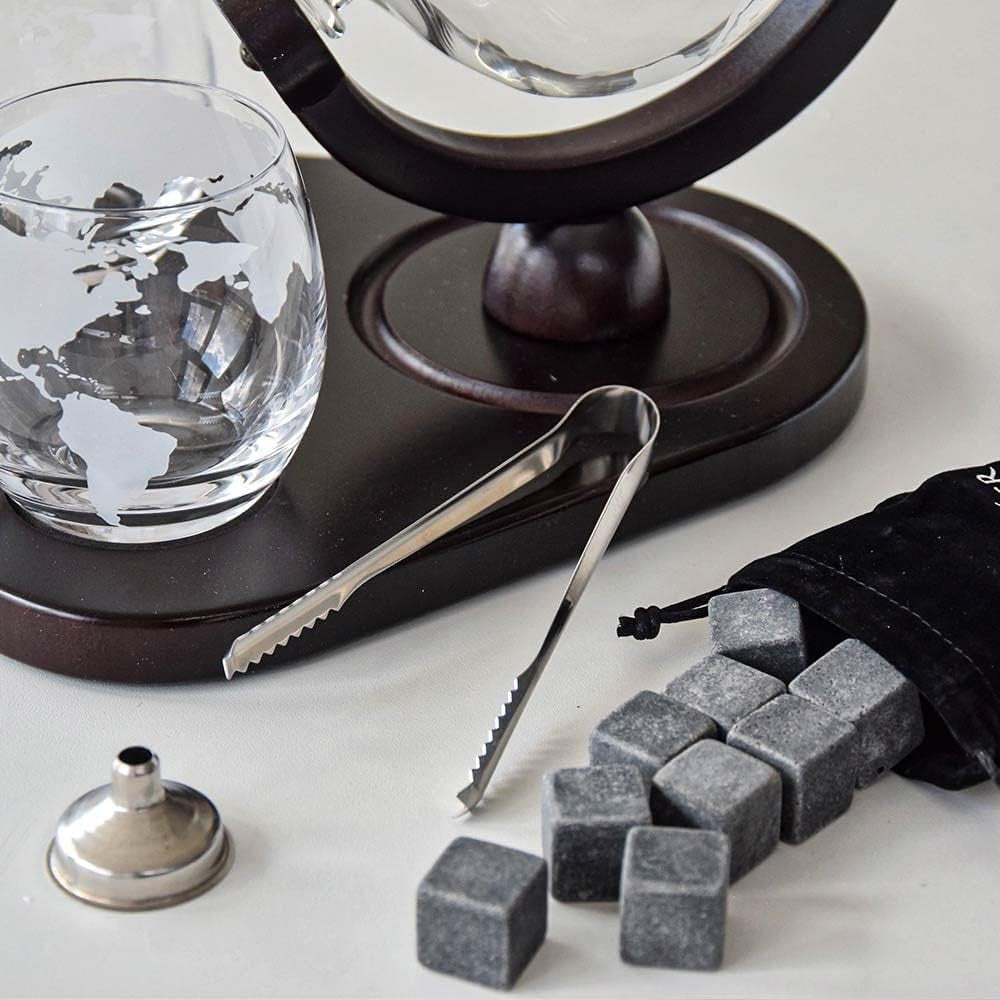 Globe Whiskey Decanter Set 850ml Glass Decanter 2 Glasses Rotating Stand