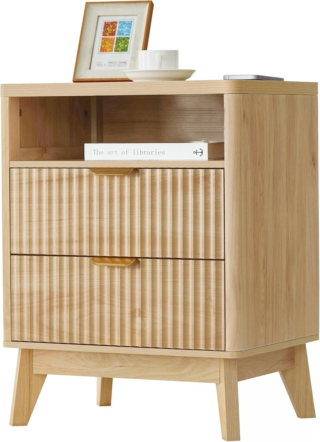 Natural Wood Bedside Table with 2 Drawers & Open Shelf