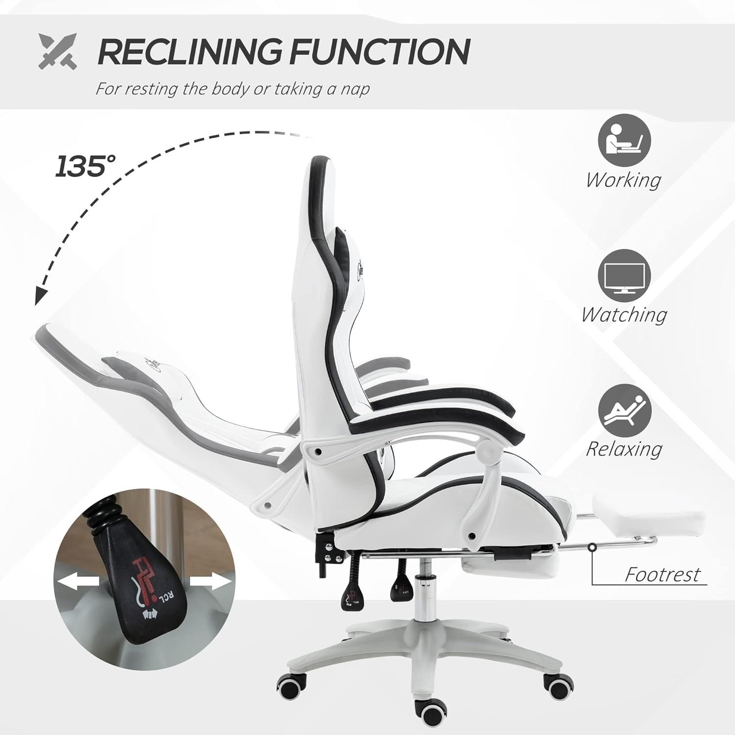 Gaming Chair PU Leather Recliner w/ Footrest 135° Swivel White Black