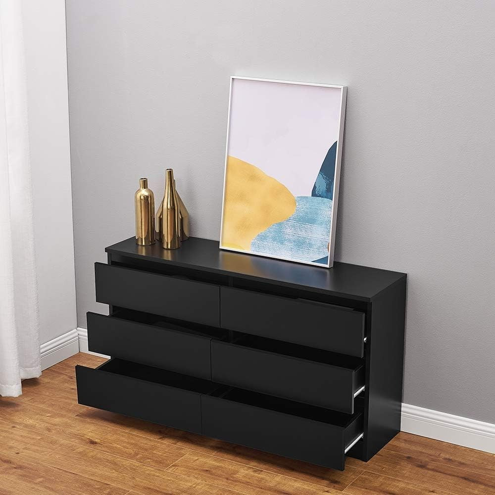 Wide 6 Drawer Black Chest Modern Bedroom Storage Cabinet Large Dresser