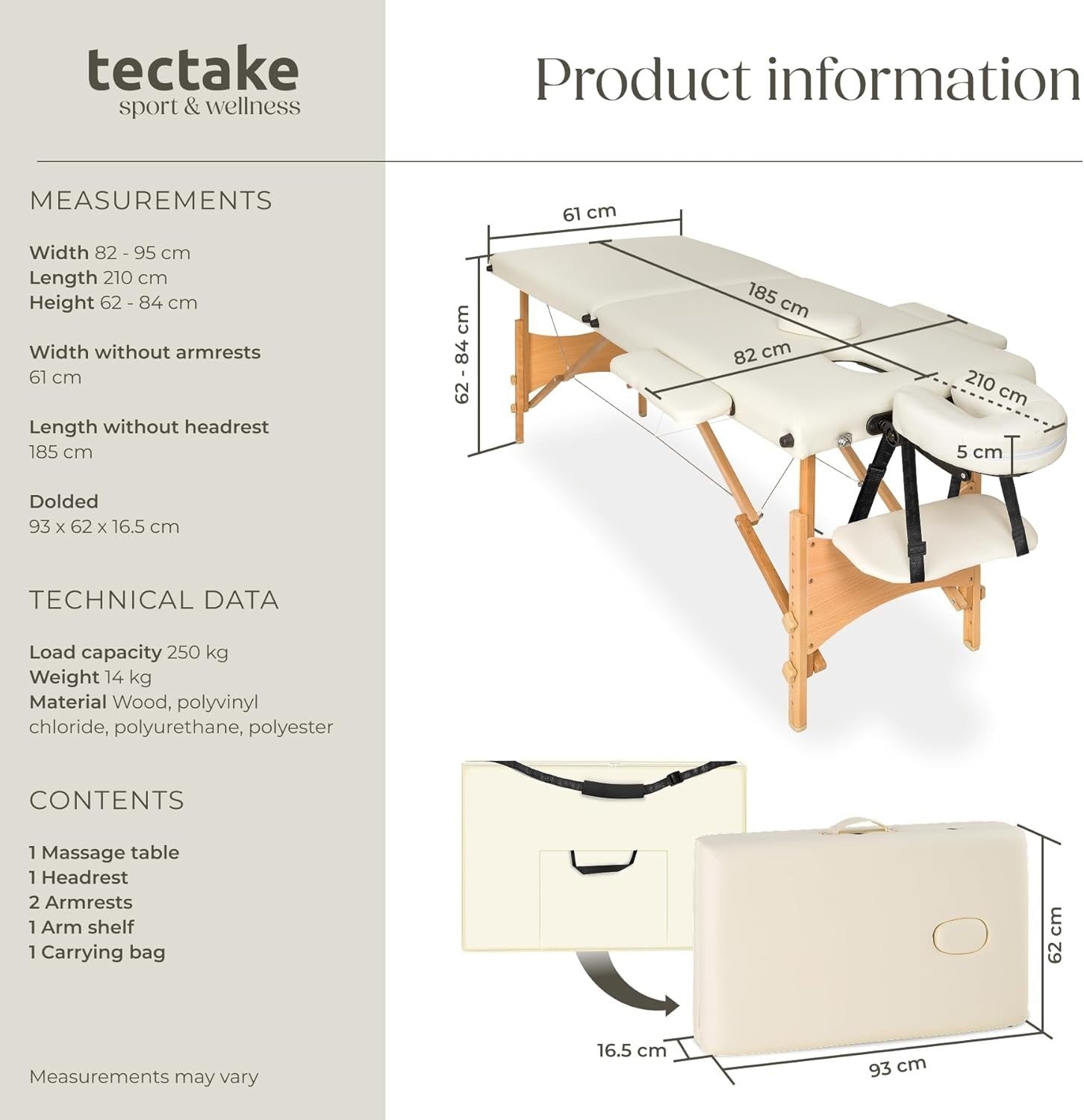 Portable Massage Table Foldable Beauty Therapy Bed 61cm Adjustable Beige