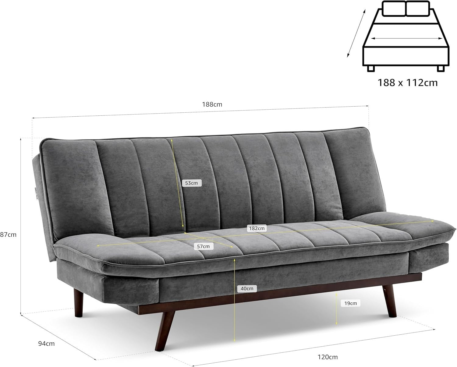 3 Seater Grey Sofa Bed Click Clack Recliner Couch Guest Room Fold Out