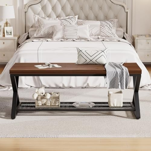 Walnut Industrial Entryway Storage Bench Metal Frame Shoe Rack Seat 119x36x46cm