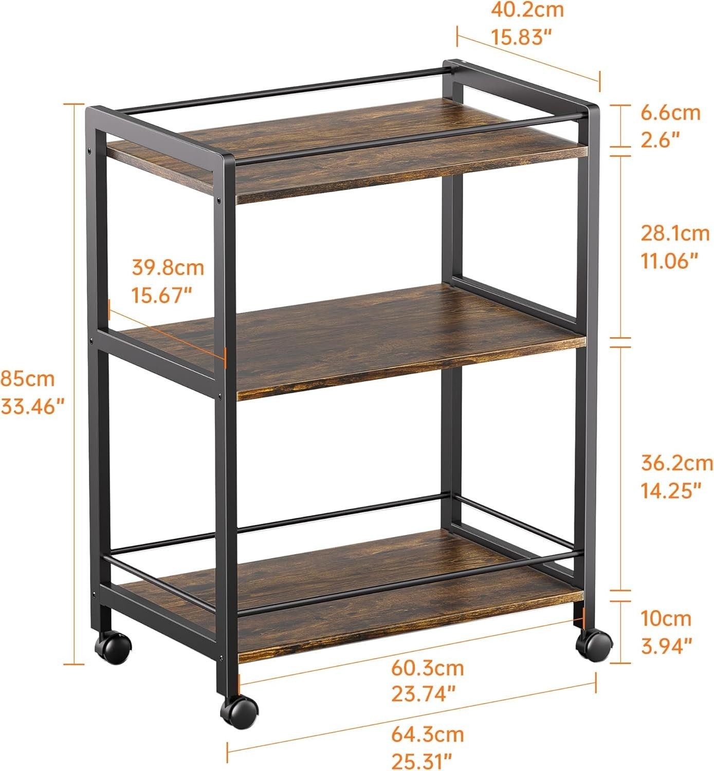 64x40x85cm Rustic Brown Bar Cart 3 Tier Drinks Trolley