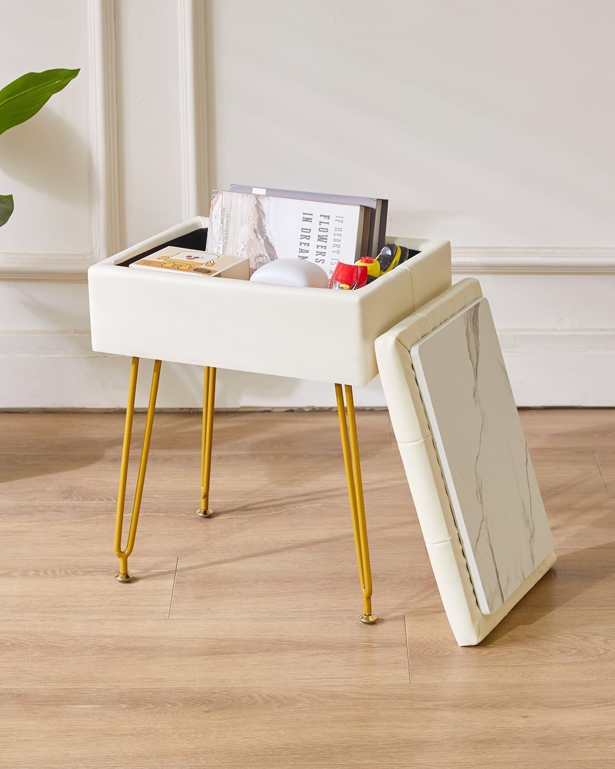 White PU Leather Vanity Stool with Storage & Flip Tabletop – Adjustable Legs