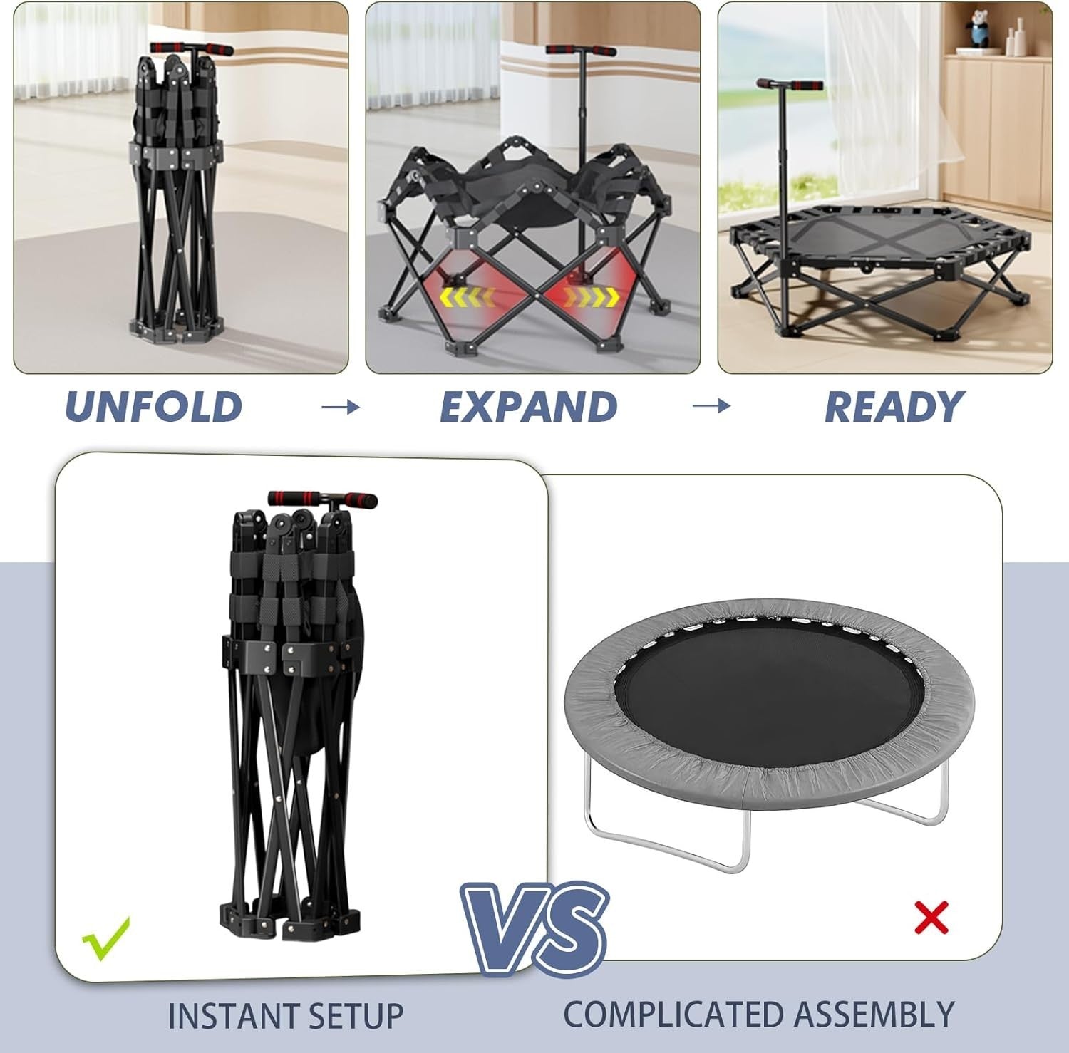 42” Fitness Trampoline Rebounder Adjustable Handle One-Click Fold 300KG