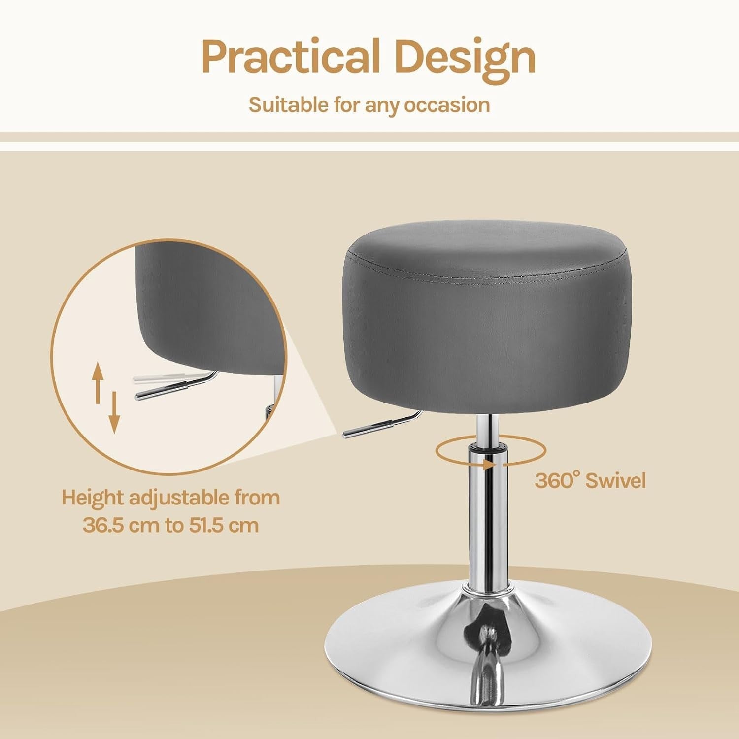 Set of 2 Grey Faux Leather Swivel Bar Stools Height Adjustable Counter Seats