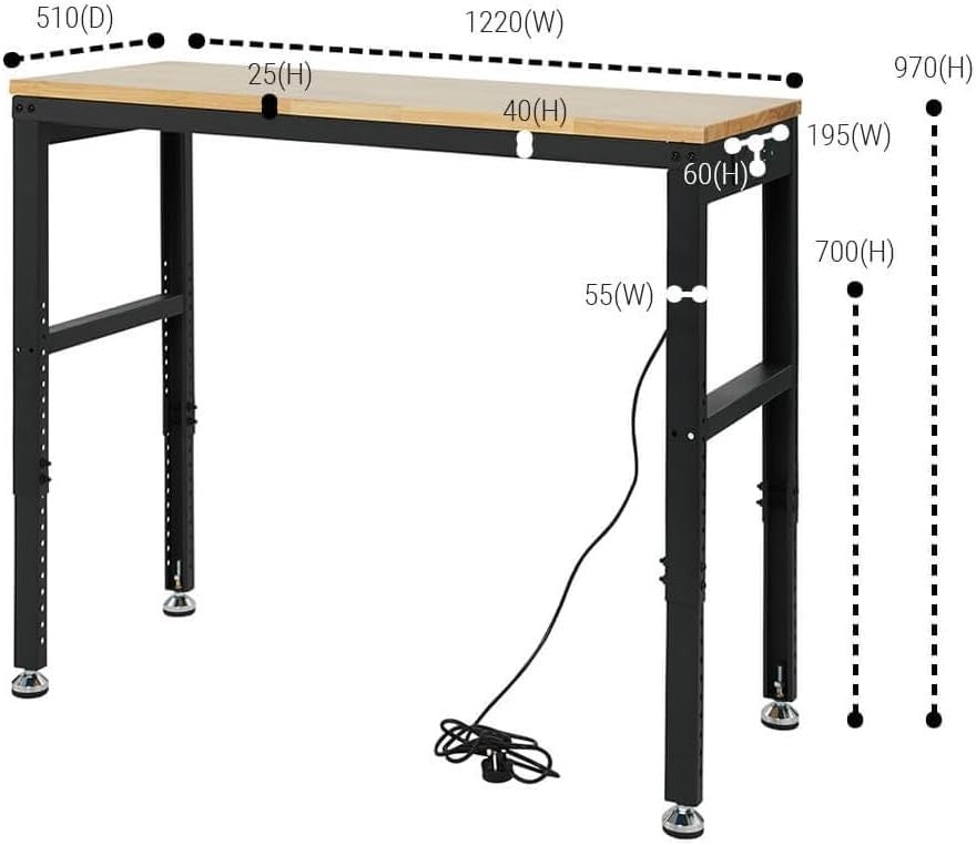 Adjustable Heavy Duty Workbench 800kg with Power Sockets USB 1220mm Wide
