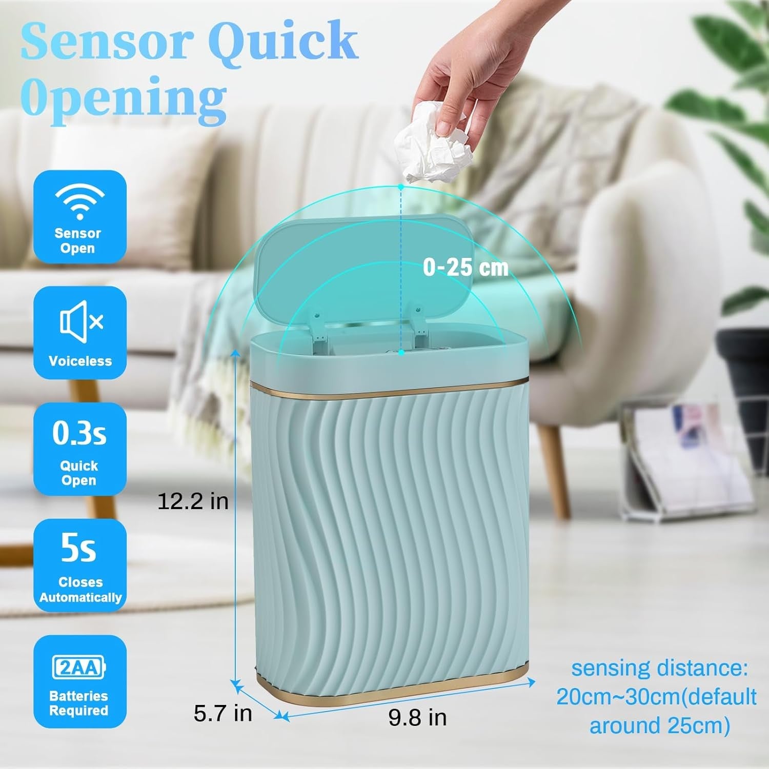 Automatic Touchless Bathroom Bin 2.6 Gallon Slim Motion Sensor Green