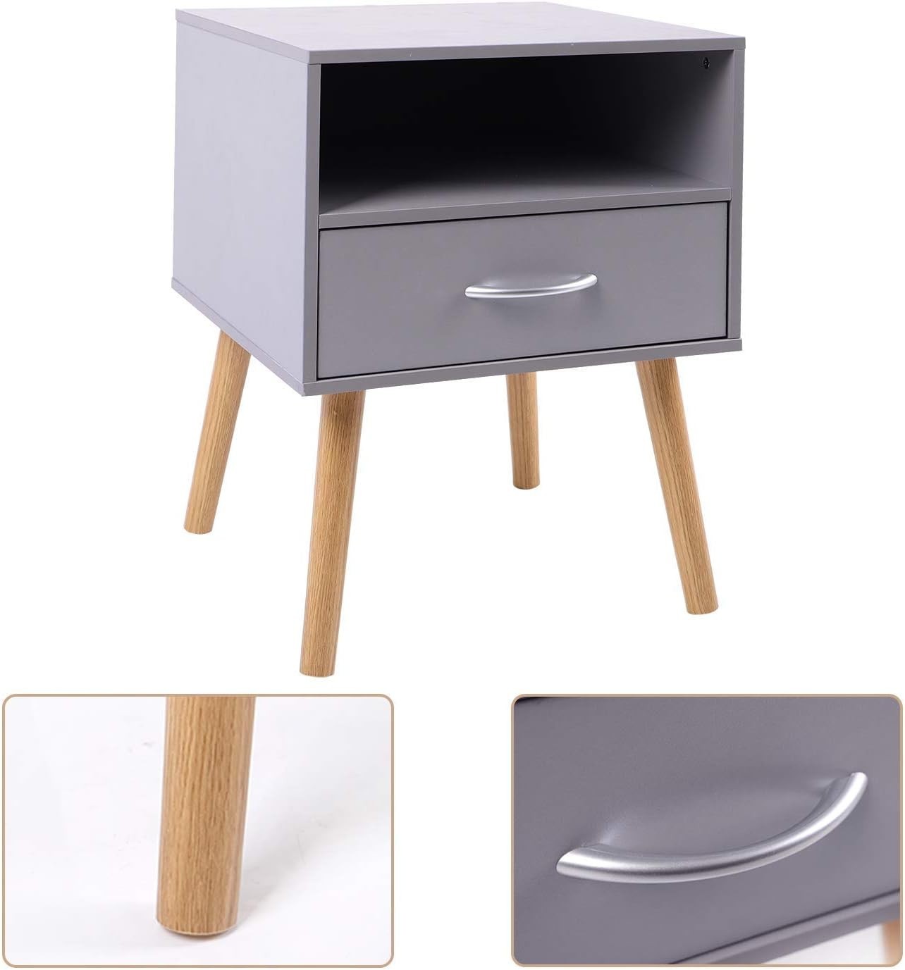 Set of 2 Grey Wood Bedside Tables with Drawer & Shelf – Modern Nightstands