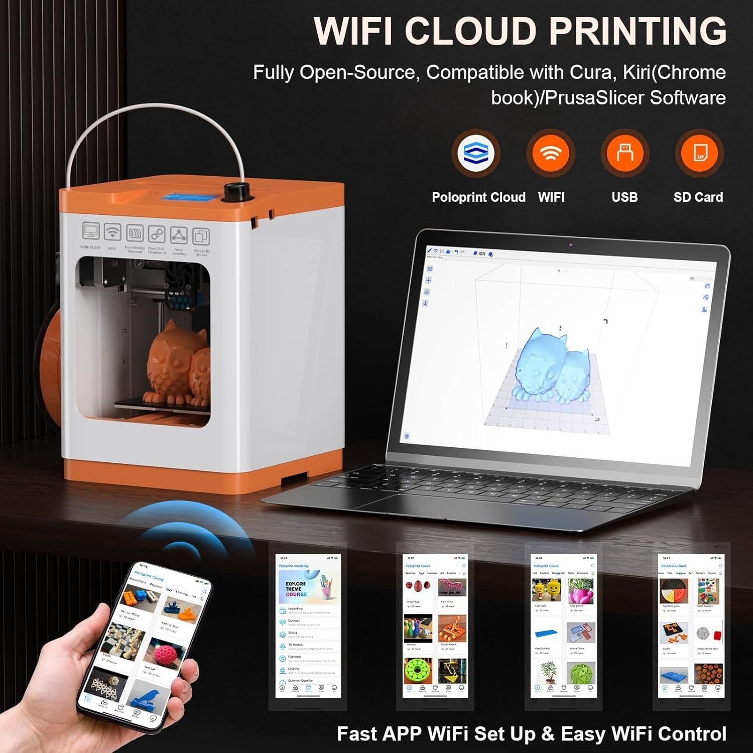 Mini WiFi 3D Printer Auto Level Silent Print Beginner Kids Ready Built