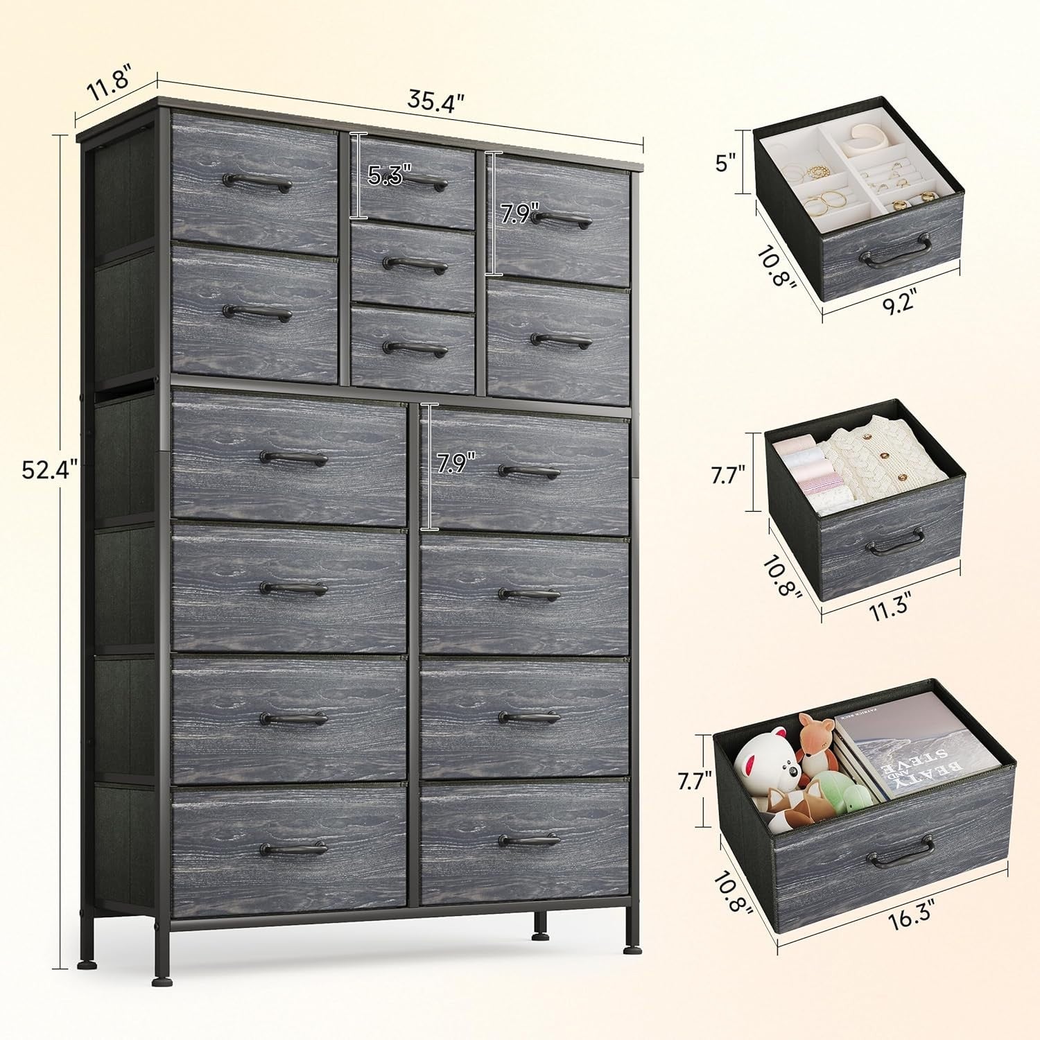 15 Drawer Fabric Chest Storage Unit Tall Dresser Wood Top Black Slim