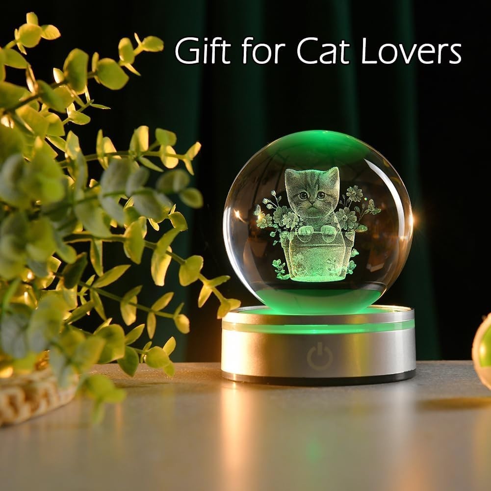 3D Cat with Flower Crystal Ball LED Light • Engraved Kitten Ornament